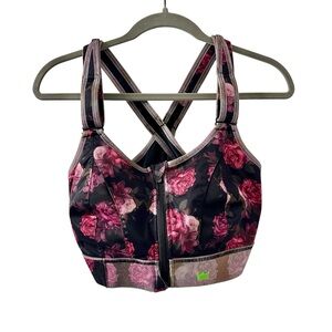 SHEFIT Floral Adjustable Velcro Sports Bra - Black and Pink Front Zip